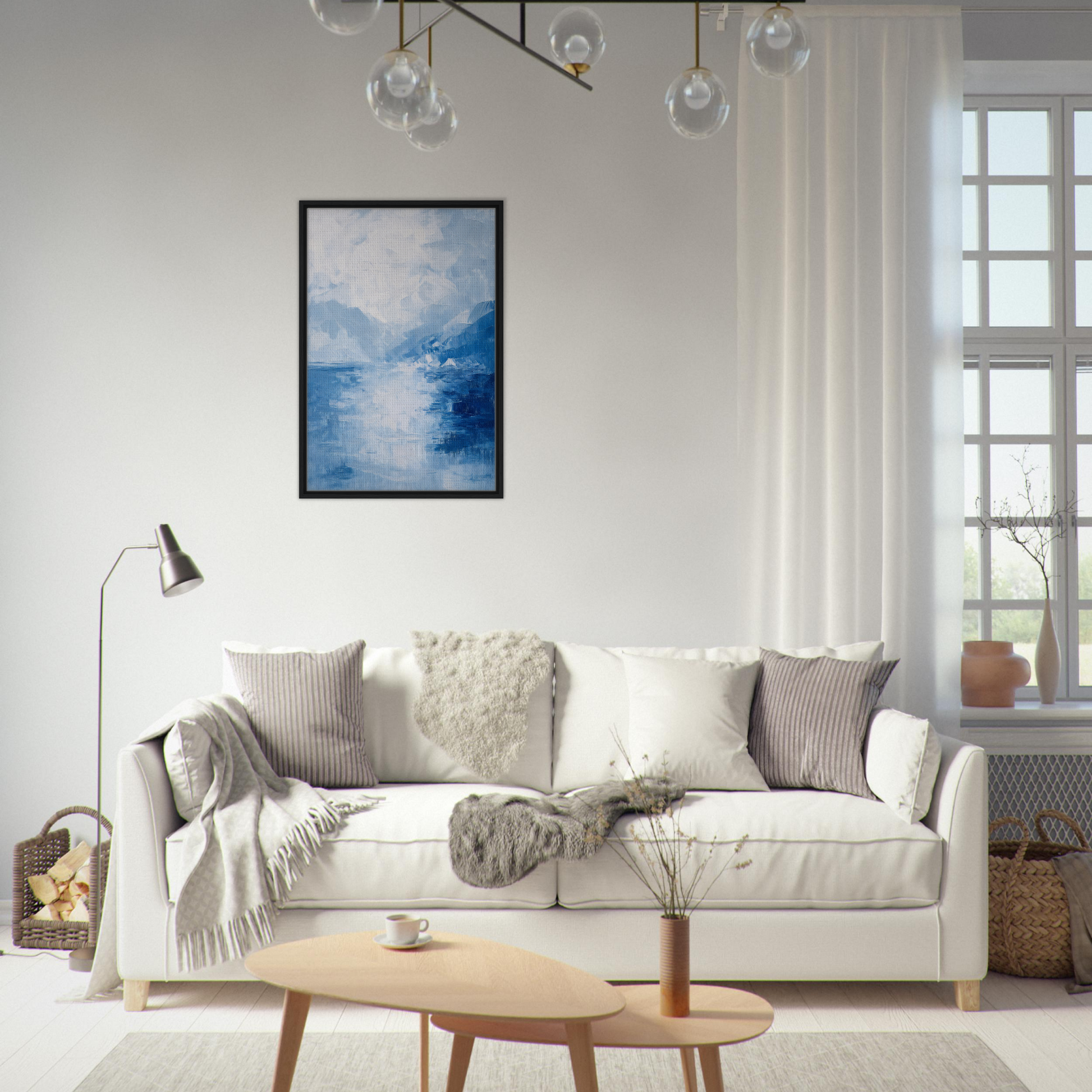 White sofa adorned with throw pillows and blankets in Ephemeral Blue Solitude theme