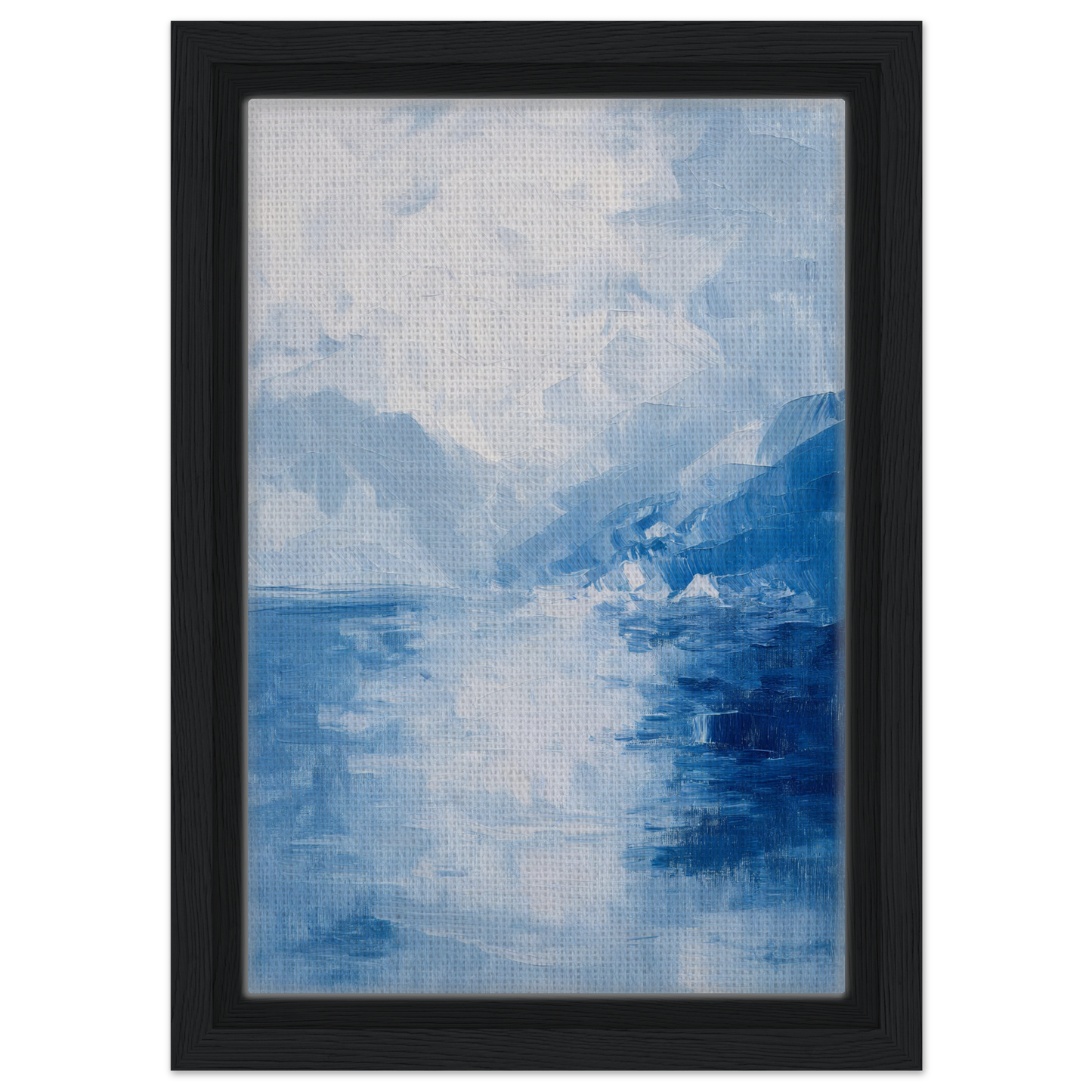 Abstract painting depicting a misty blue landscape for Ephemeral Blue Solitude framed canvas print