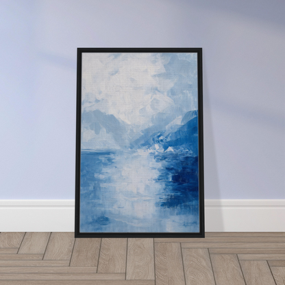 Framed abstract painting of Ephemeral Blue Solitude showcasing blue and white hues for room decor