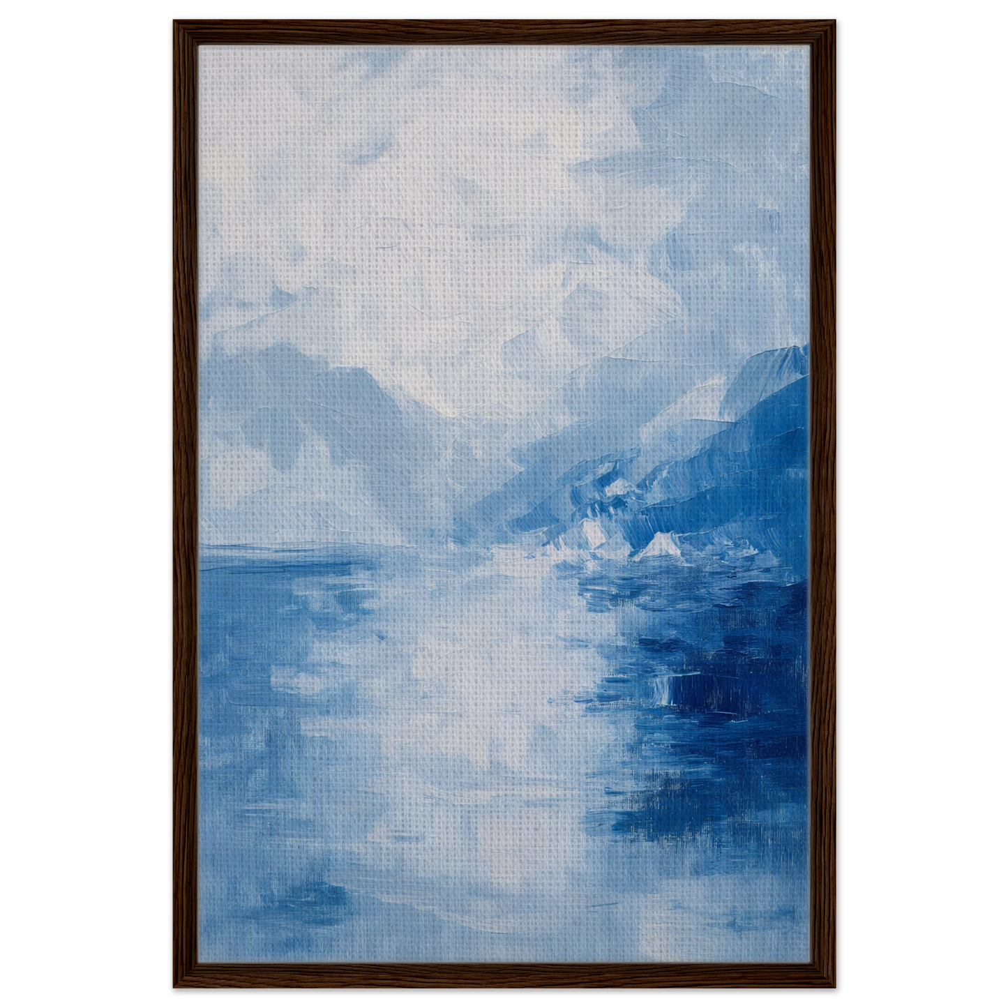 Abstract painting of a misty blue landscape, featured in Ephemeral Blue Solitude framed canvas print