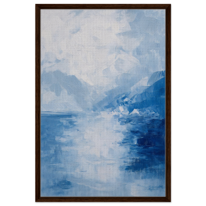 Abstract painting of a misty blue landscape, featured in Ephemeral Blue Solitude framed canvas print