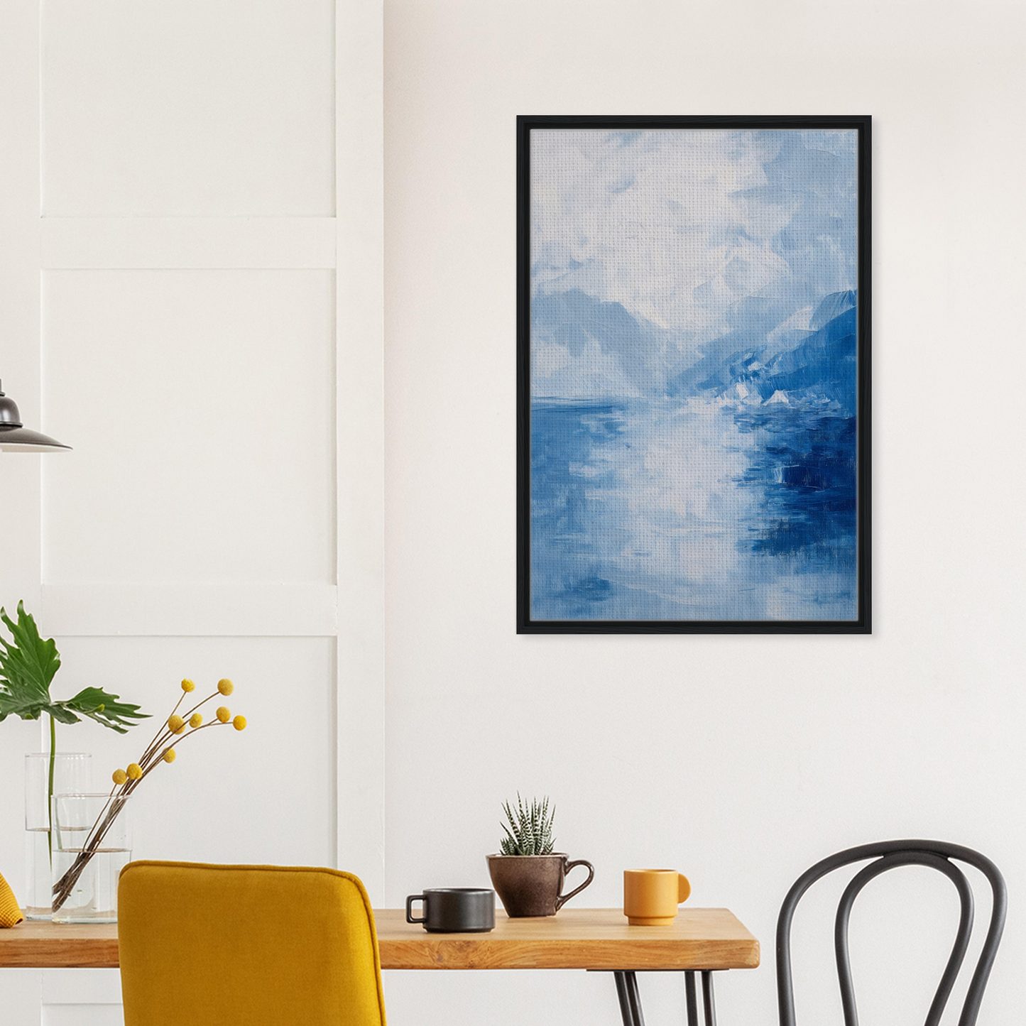 Abstract blue and white painting in a black frame for Ephemeral Blue Solitude room decor