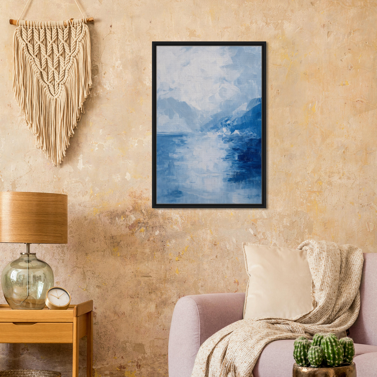 Framed blue and white abstract painting of a cloudy sky, ideal for Ephemeral Blue Solitude decor