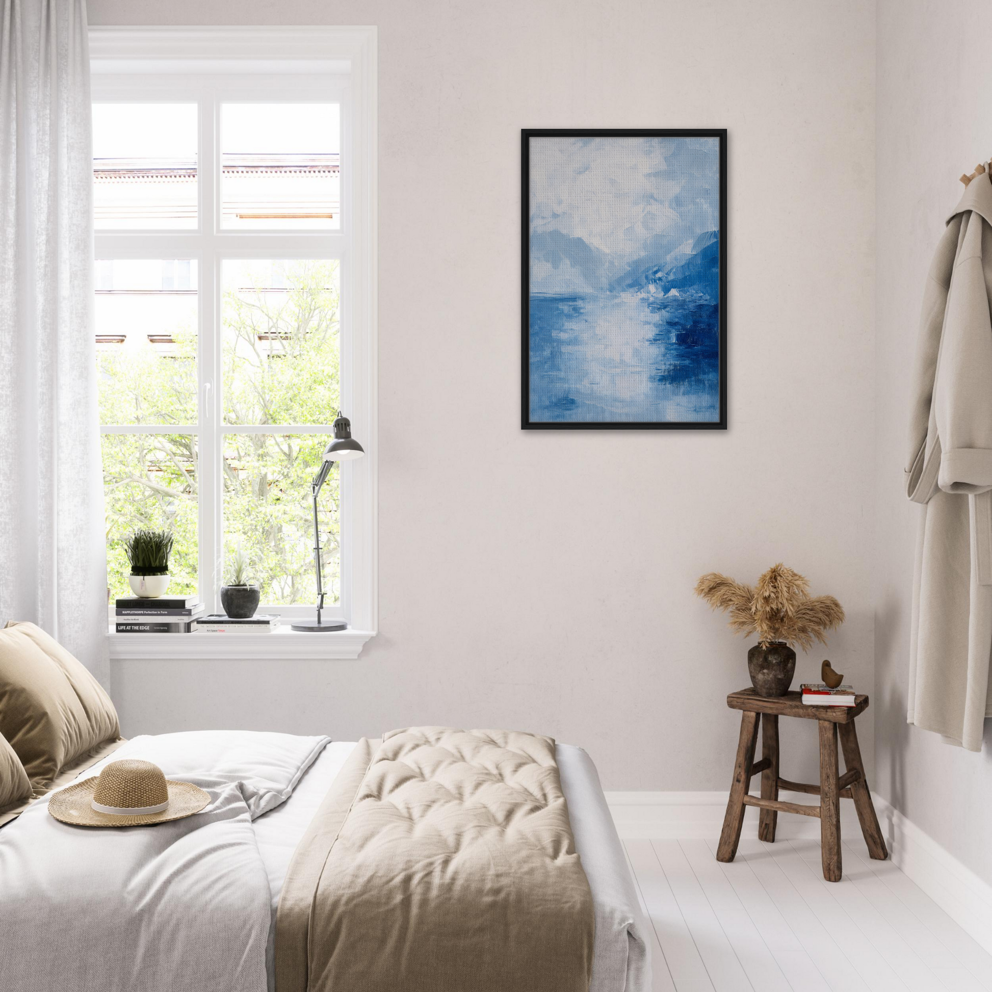 Serene bedroom featuring Framed Canvas Print of Ephemeral Blue Solitude in white decor