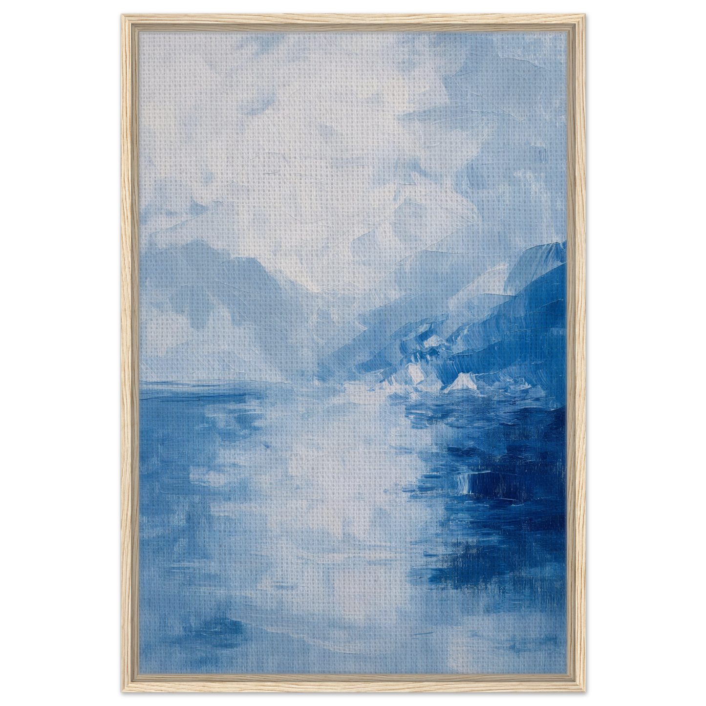 Abstract landscape painting of misty blue mountains and water reflections for Ephemeral Blue Solitude room decor