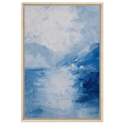 Abstract landscape painting of misty blue mountains and water reflections for Ephemeral Blue Solitude room decor