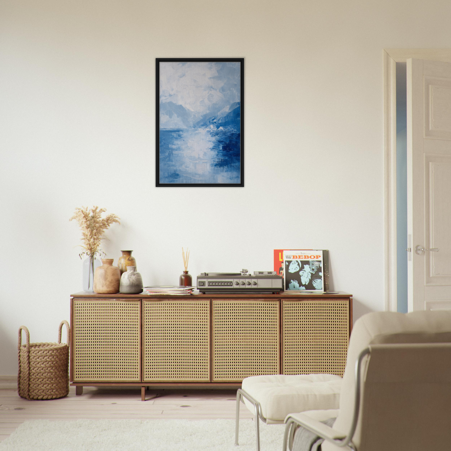 Wooden sideboard with cane-webbed doors from Ephemeral Blue Solitude, ideal for room decor