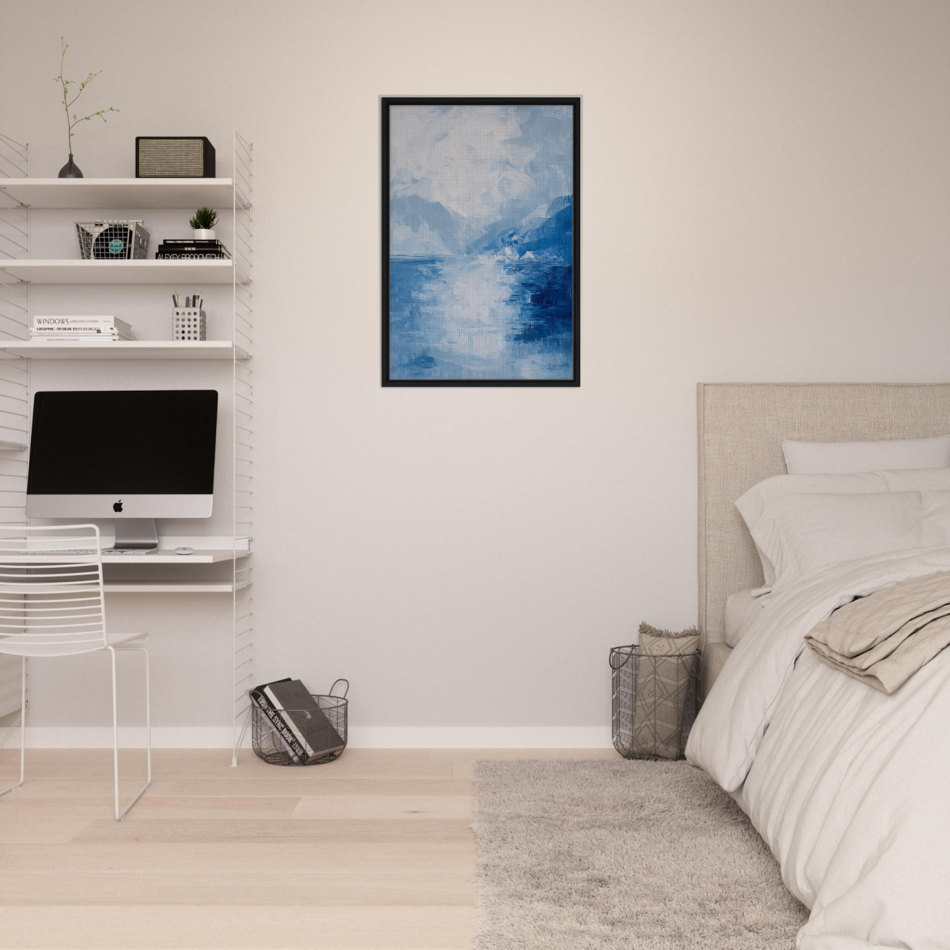 Framed canvas print titled Ephemeral Blue Solitude depicting blue and white misty seascape