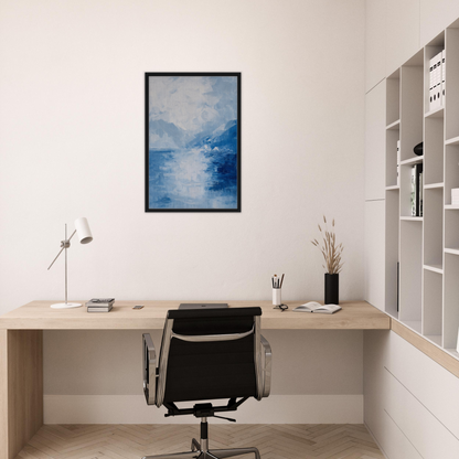 Minimalist home office featuring Ephemeral Blue Solitude framed canvas print on the wall