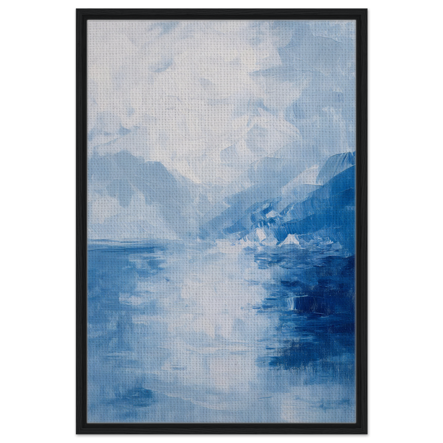 Abstract painting of a misty blue landscape in Ephemeral Blue Solitude for room decor