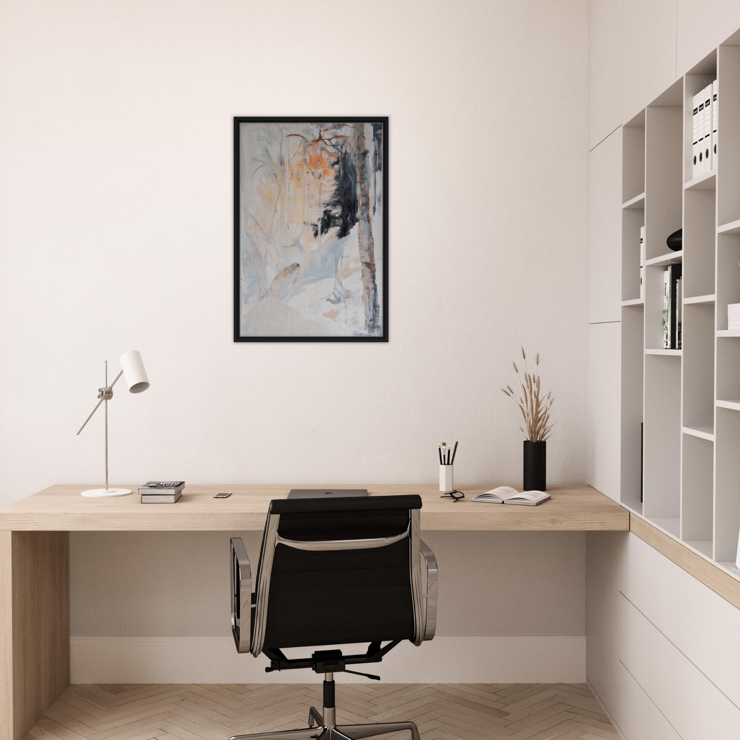 Minimalist home office featuring Ephemeral Brevised Transience framed canvas print