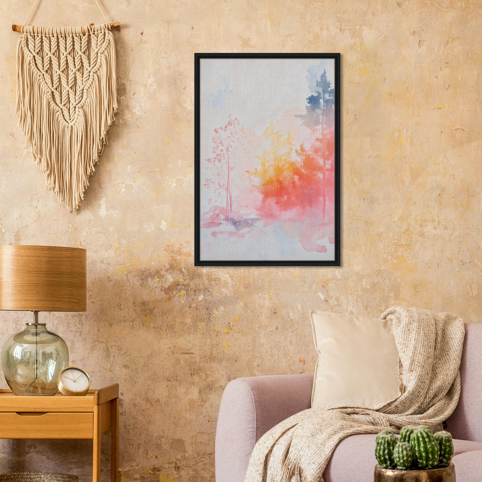 Framed canvas print of Ephemeral Radiant Grove featuring soft pink, orange, and blue hues