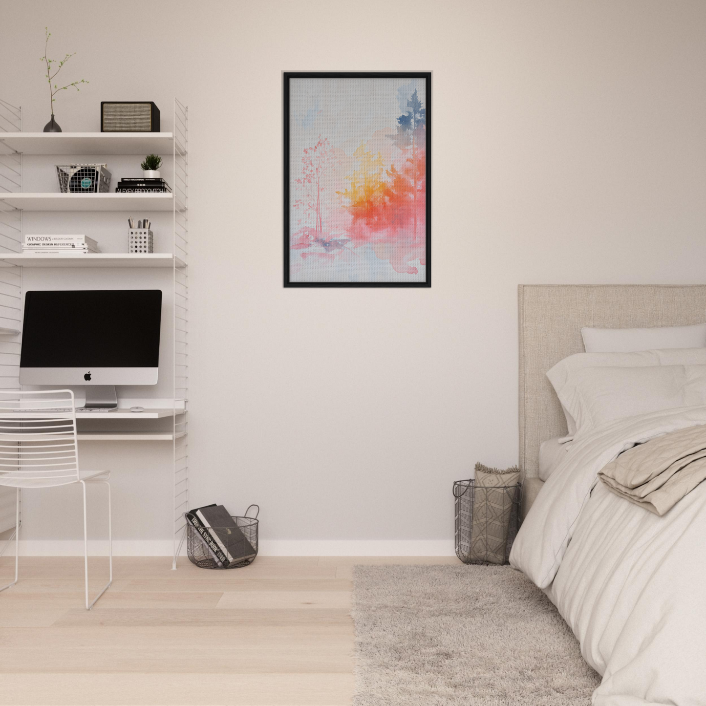 Minimalist bedroom showcasing Ephemeral Radiant Grove framed canvas as stylish room decor