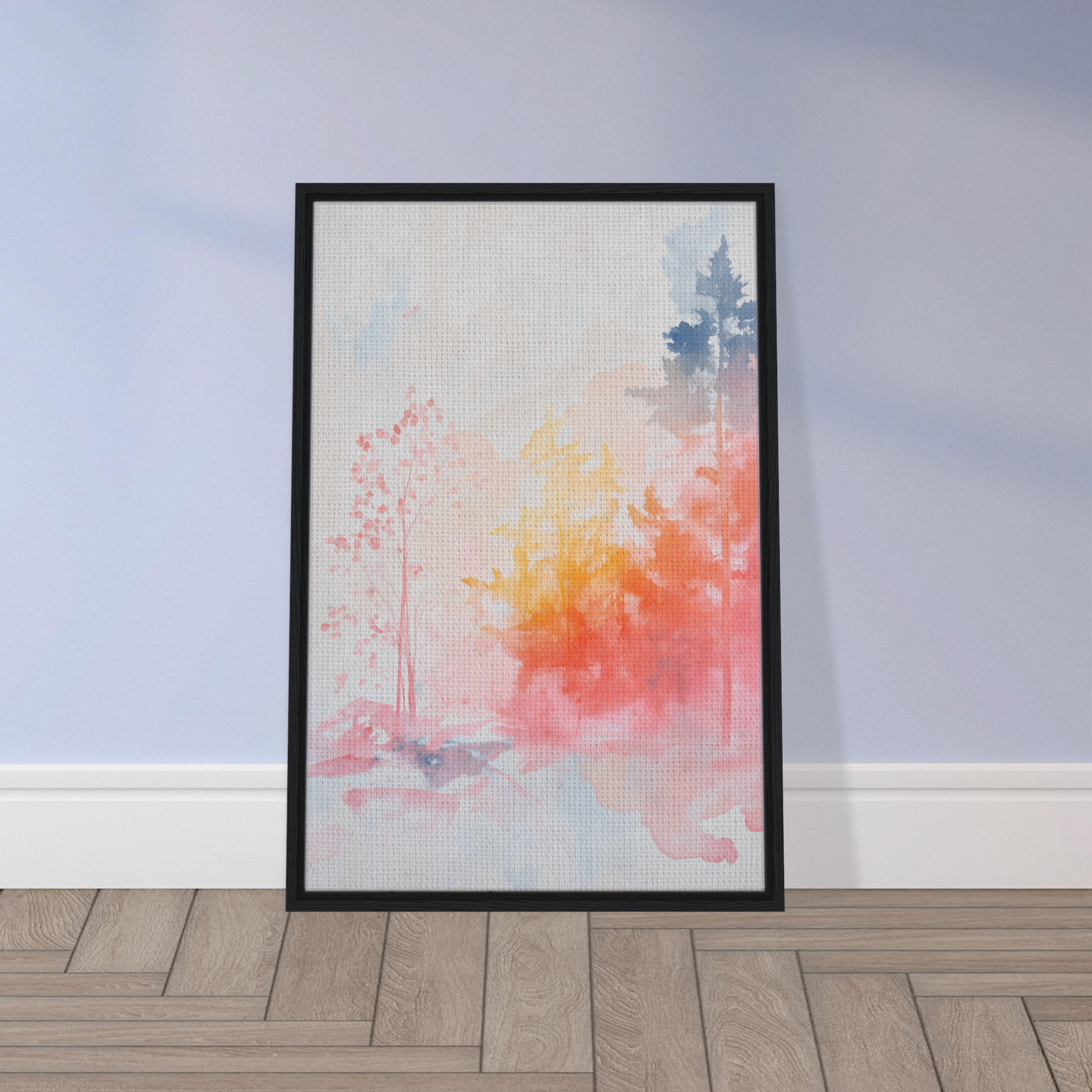 Framed canvas of Ephemeral Radiant Grove featuring soft pink, orange, and blue hues