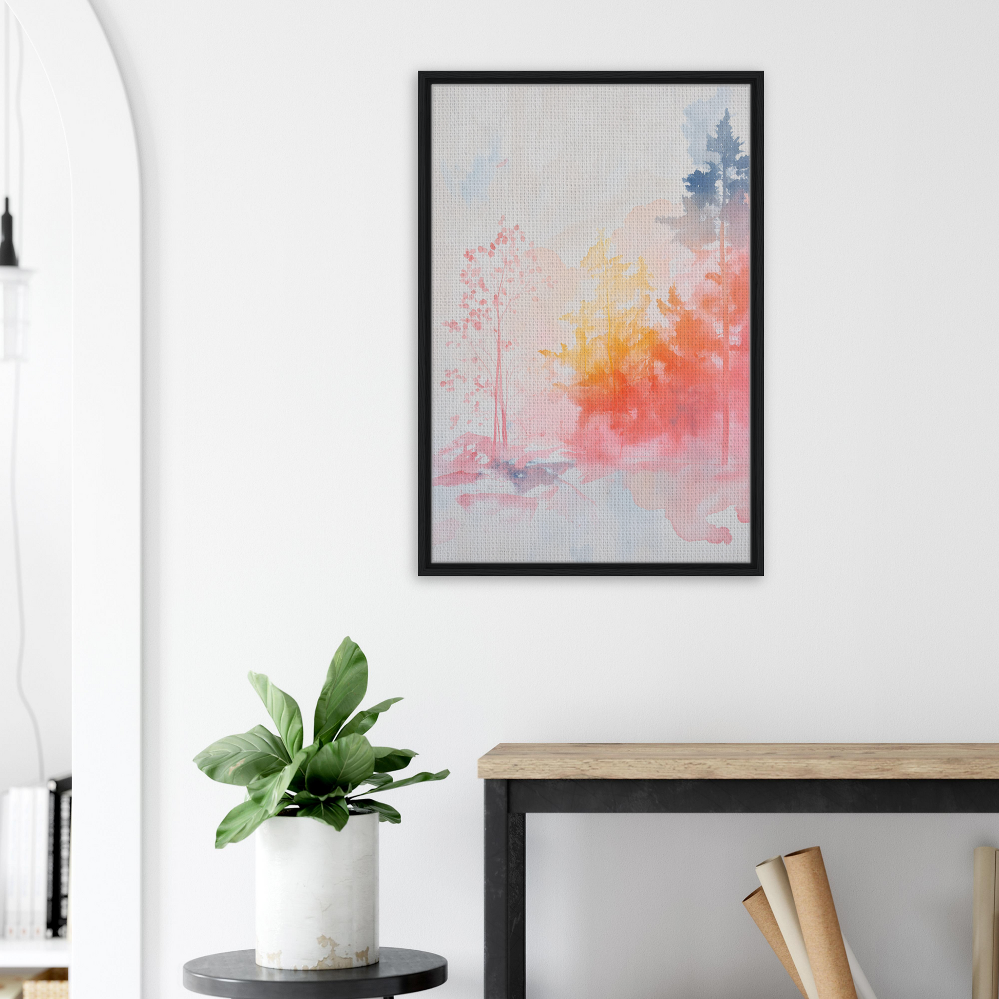 Abstract watercolor painting in red and orange hues for Ephemeral Radiant Grove framed canvas