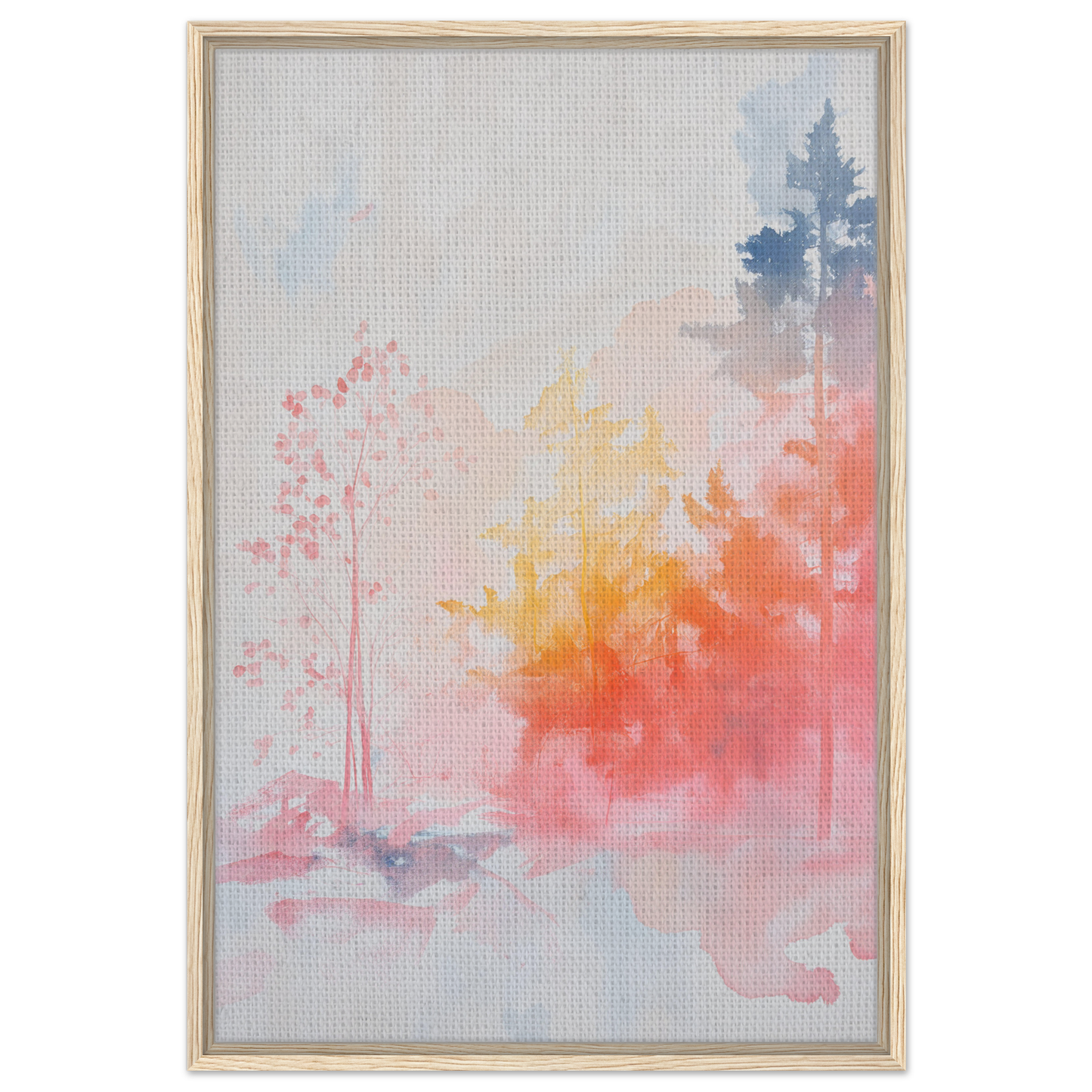 Abstract watercolor with pastel hues and tree shapes for Ephemeral Radiant Grove framed canvas