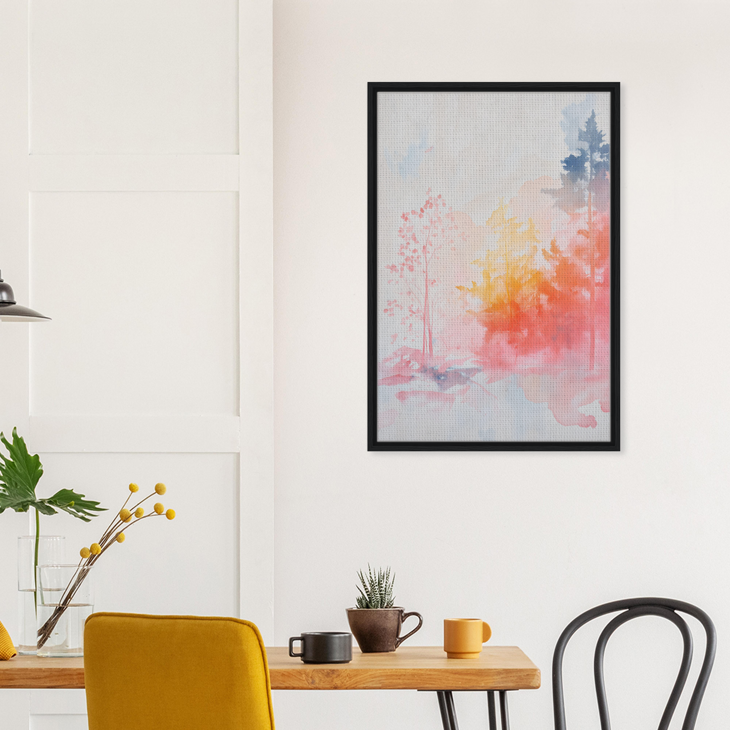 Abstract painting with soft pastel colors in a black frame for Ephemeral Radiant Grove