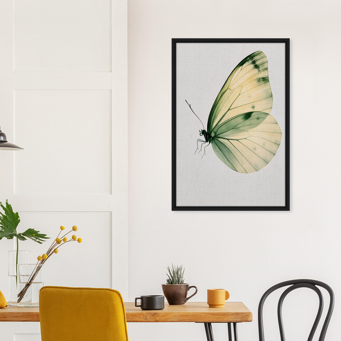 Framed canvas wall art of a pale green butterfly for Ephemeral Wingtime Suspension decor