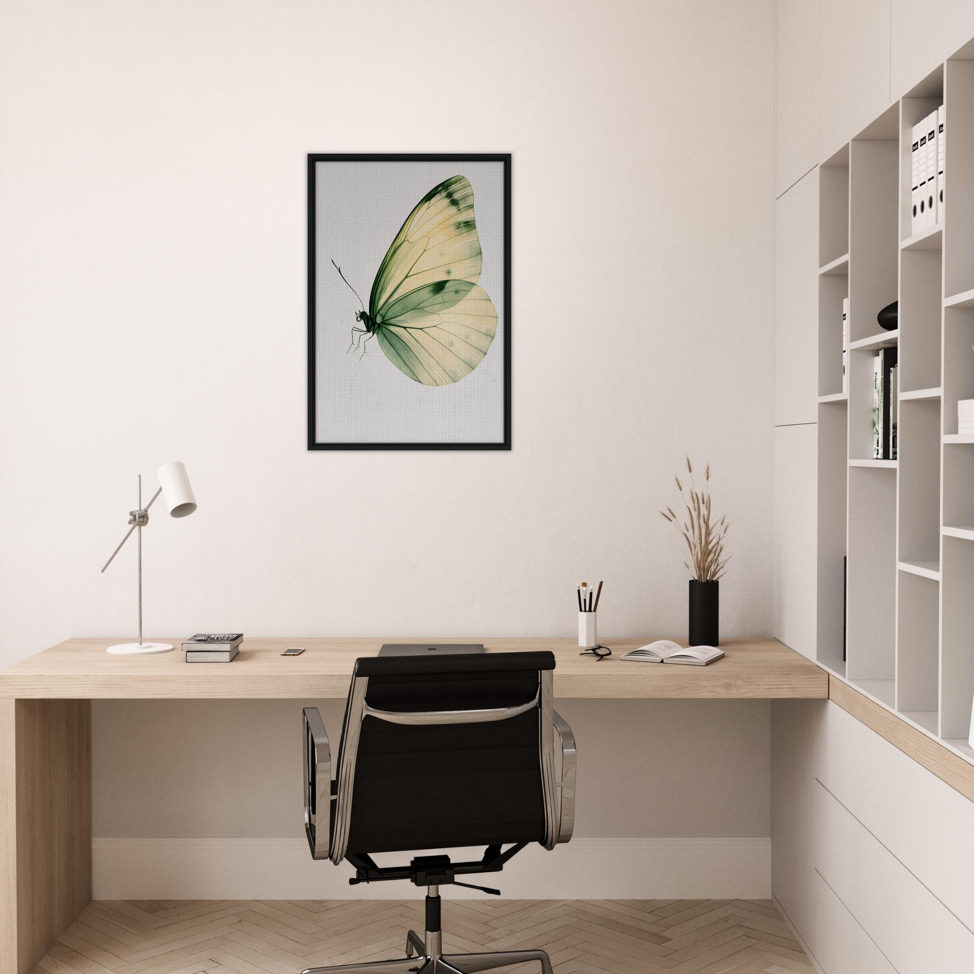 Framed canvas wall art of a pale yellow butterfly for Ephemeral Wingtime Suspension room decor