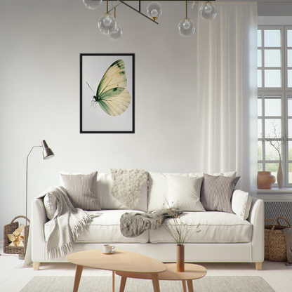 Elegant White Sofa with Throw Pillows and Blankets beside Ephemeral Wingtime Suspension