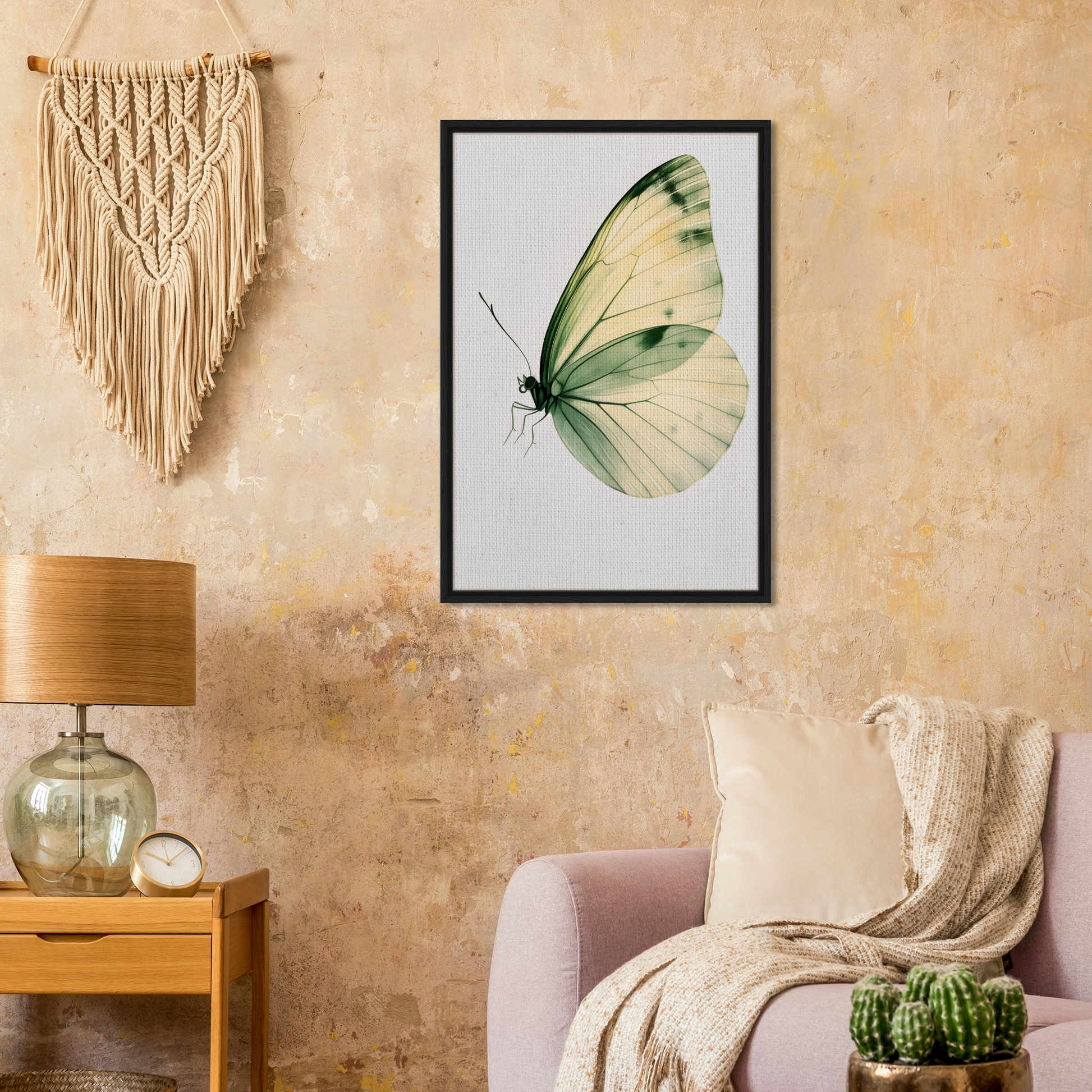 Framed canvas print of a pale green butterfly in Ephemeral Wingtime Suspension design