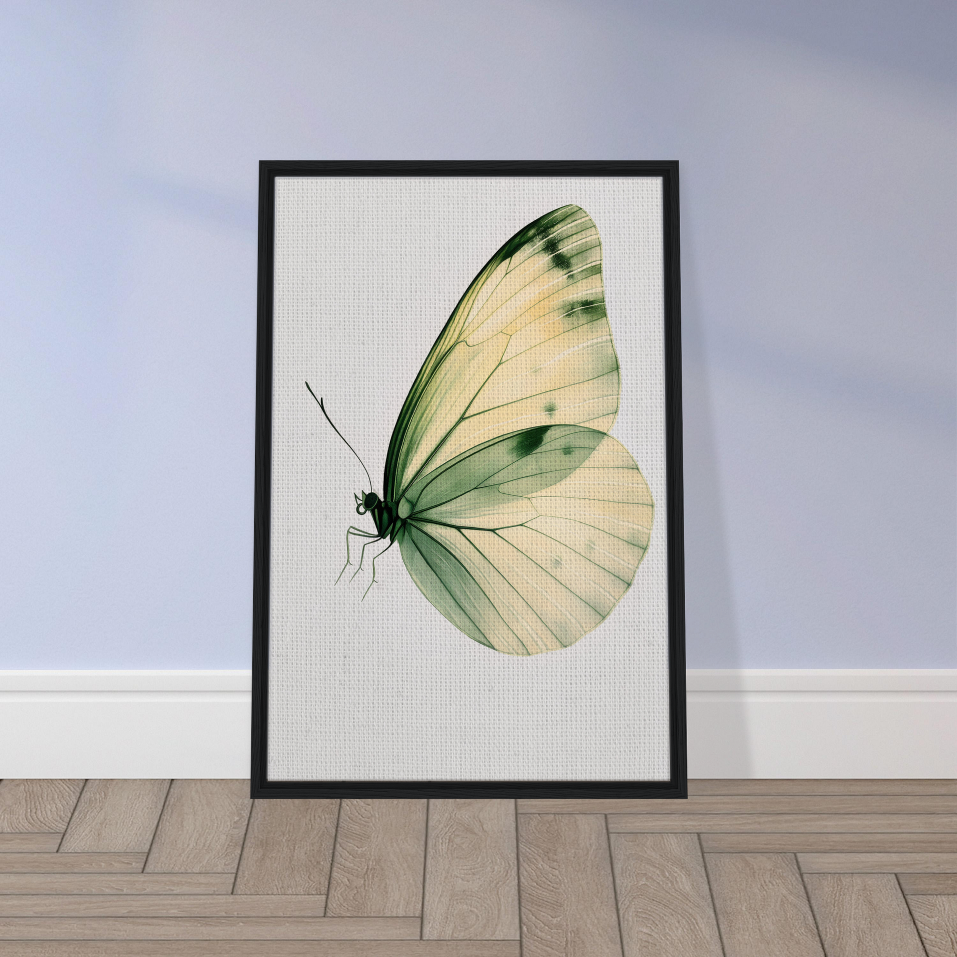 Framed canvas print of a pale green and white butterfly in Ephemeral Wingtime Suspension