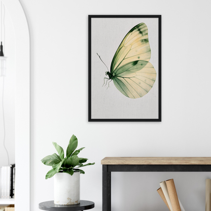 Framed canvas wall art featuring a pale green butterfly for Ephemeral Wingtime Suspension