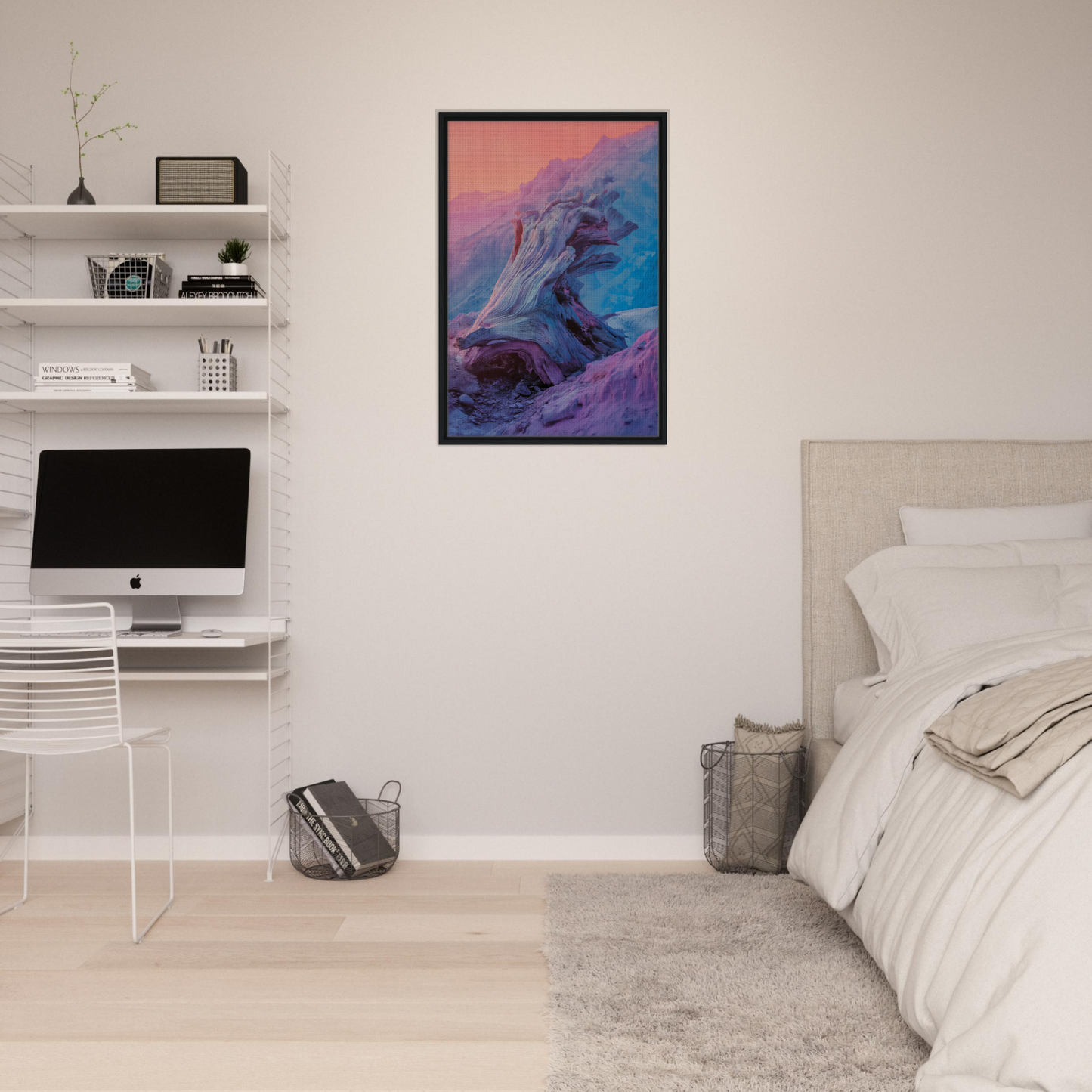 Abstract painting in swirling purple, blue, and pink hues, framed for Ephemeral Woodscape Reverie