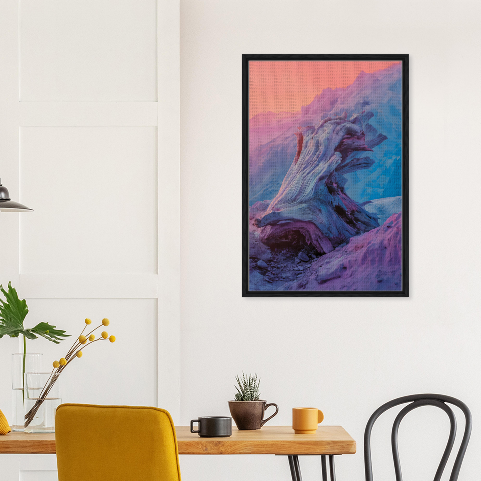 Framed abstract painting of a mountainous landscape in purple and blue for Ephemeral Woodscape Reverie room decor