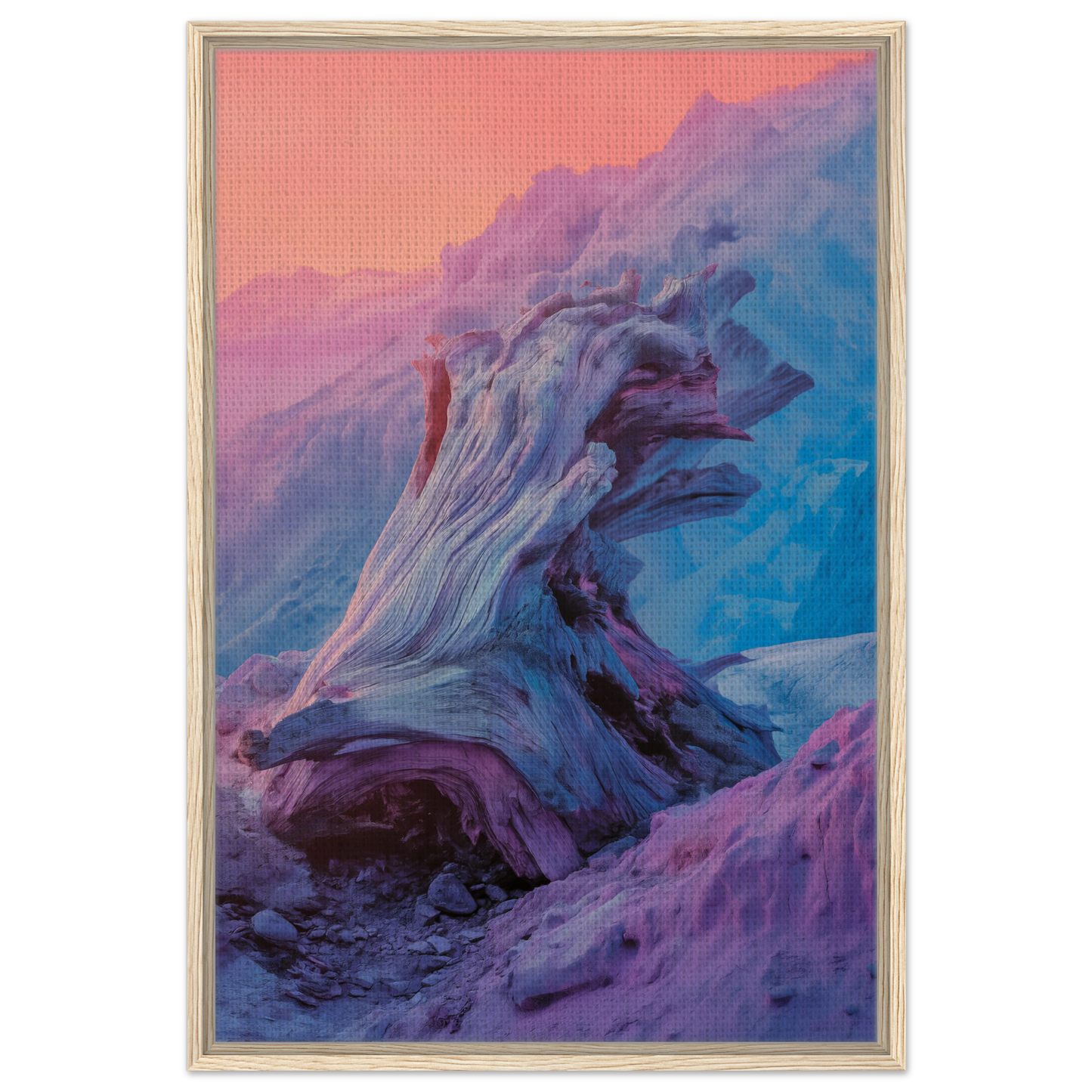 Twisted, gnarled tree stump in blue and purple hues for Ephemeral Woodscape Reverie room decor