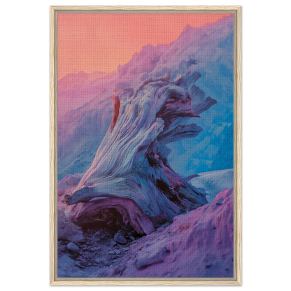 Twisted, gnarled tree stump in blue and purple hues for Ephemeral Woodscape Reverie room decor