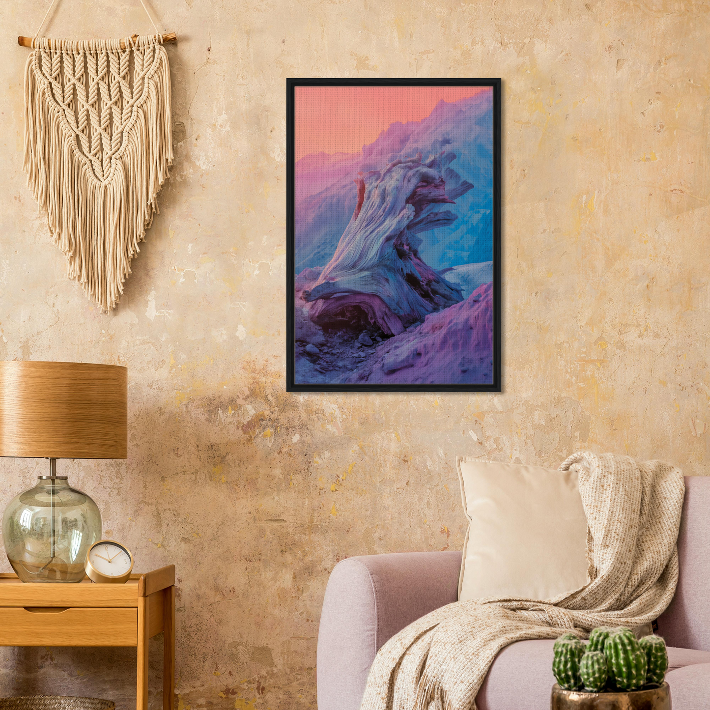 Framed abstract painting in purple and blue hues for Ephemeral Woodscape Reverie room decor