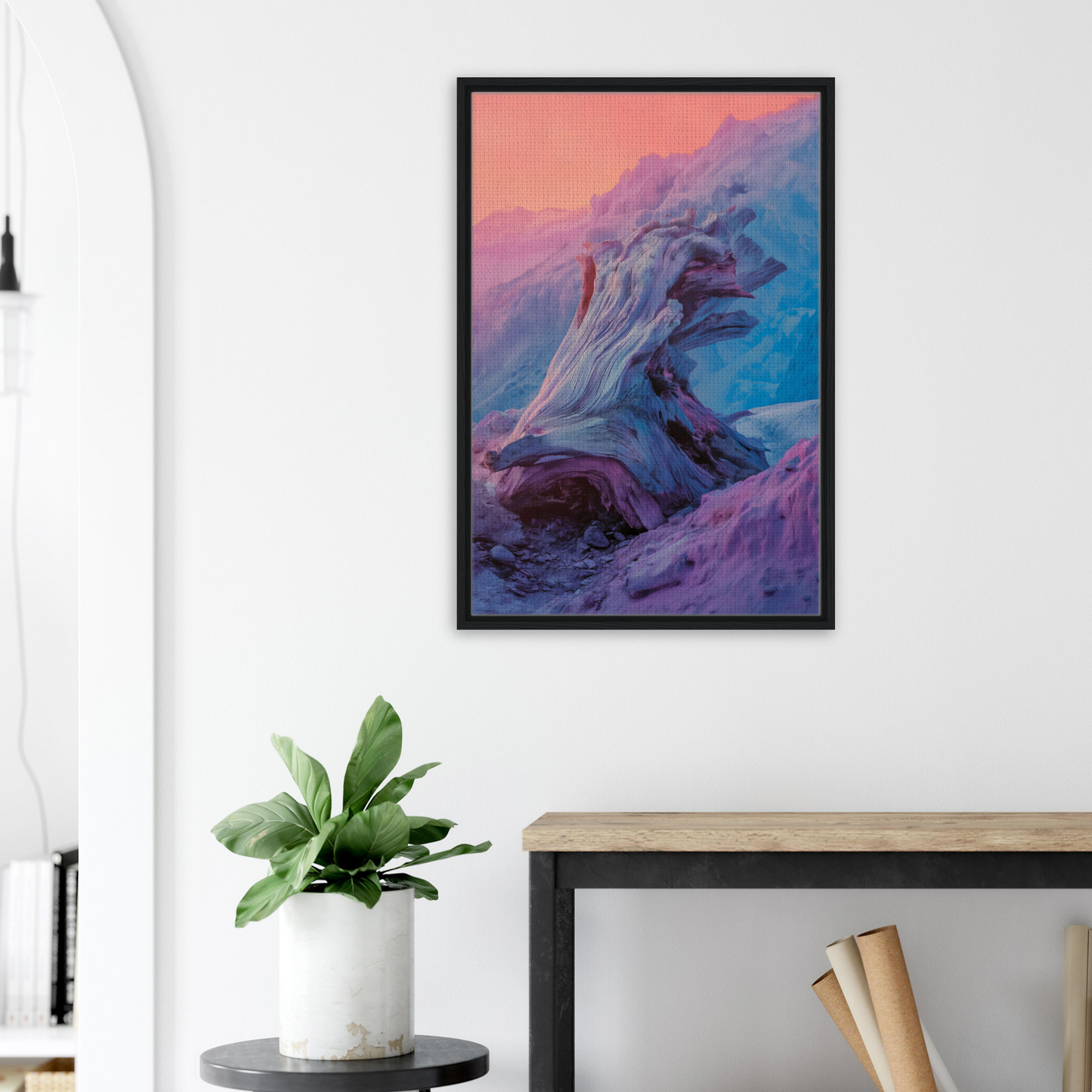 Framed abstract painting in purple and blue hues, ideal for Ephemeral Woodscape Reverie room decor