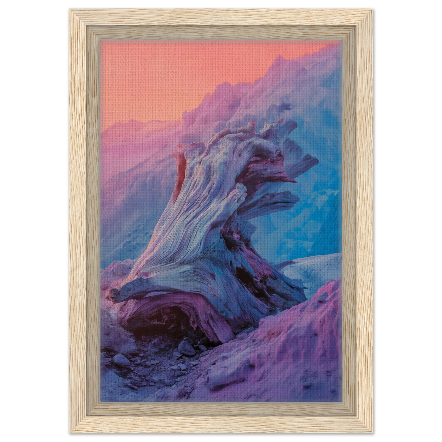 Twisted gnarled tree stump in surreal blue and purple hues for Ephemeral Woodscape Reverie