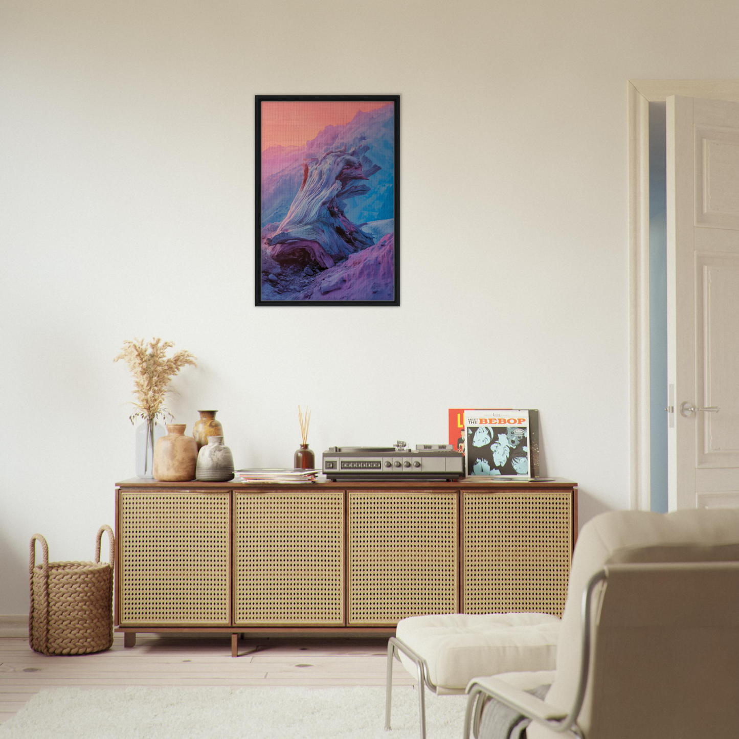 Wooden sideboard with rattan doors and decor, featured in Ephemeral Woodscape Reverie