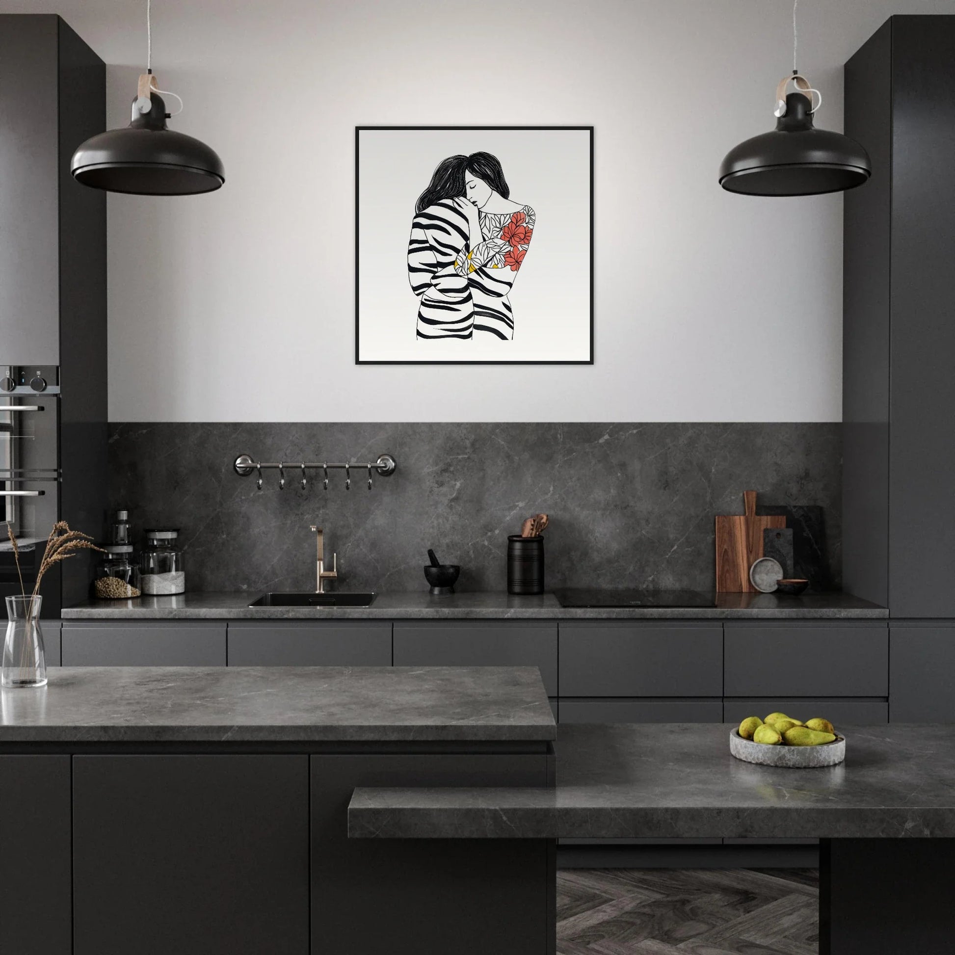 Modern dark kitchen with matte black cabinets and industrial lights showcasing Etched Embrace Harmony