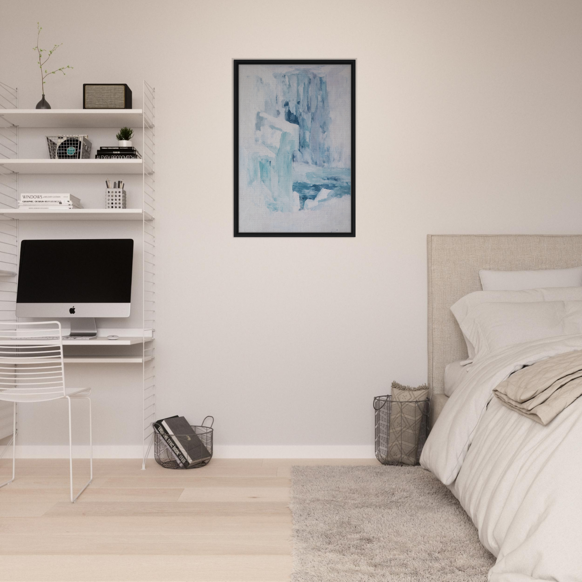 Minimalist bedroom showcasing Eternal Blue Whispers artwork and modern room decor