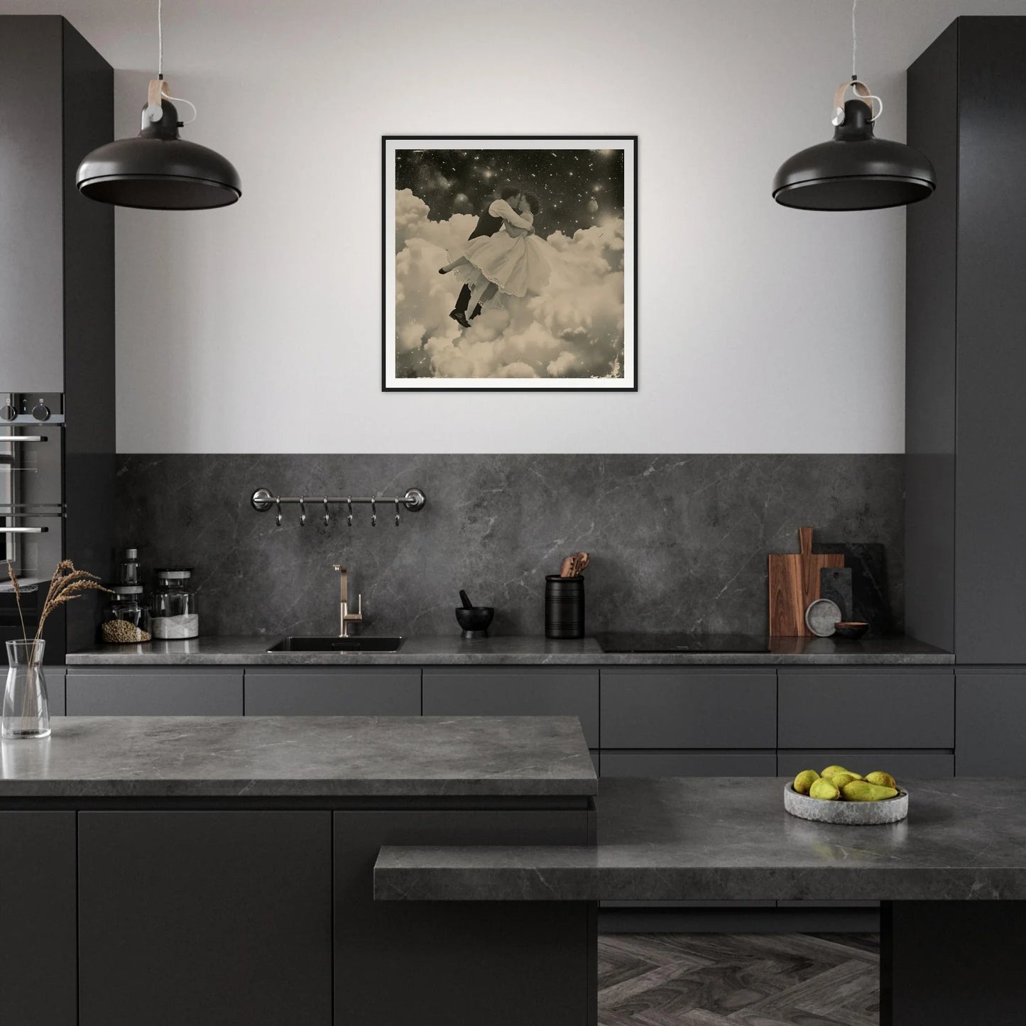 Modern dark grey kitchen featuring industrial pendant lights from Eternal Cosmic Swoon