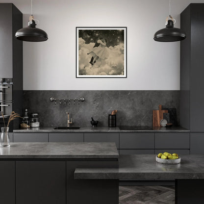 Modern dark grey kitchen featuring industrial pendant lights from Eternal Cosmic Swoon