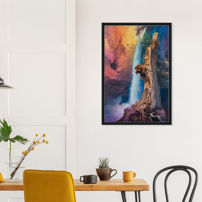 Framed painting of a figure by a waterfall in Eternal Dreamscape Flux room decor