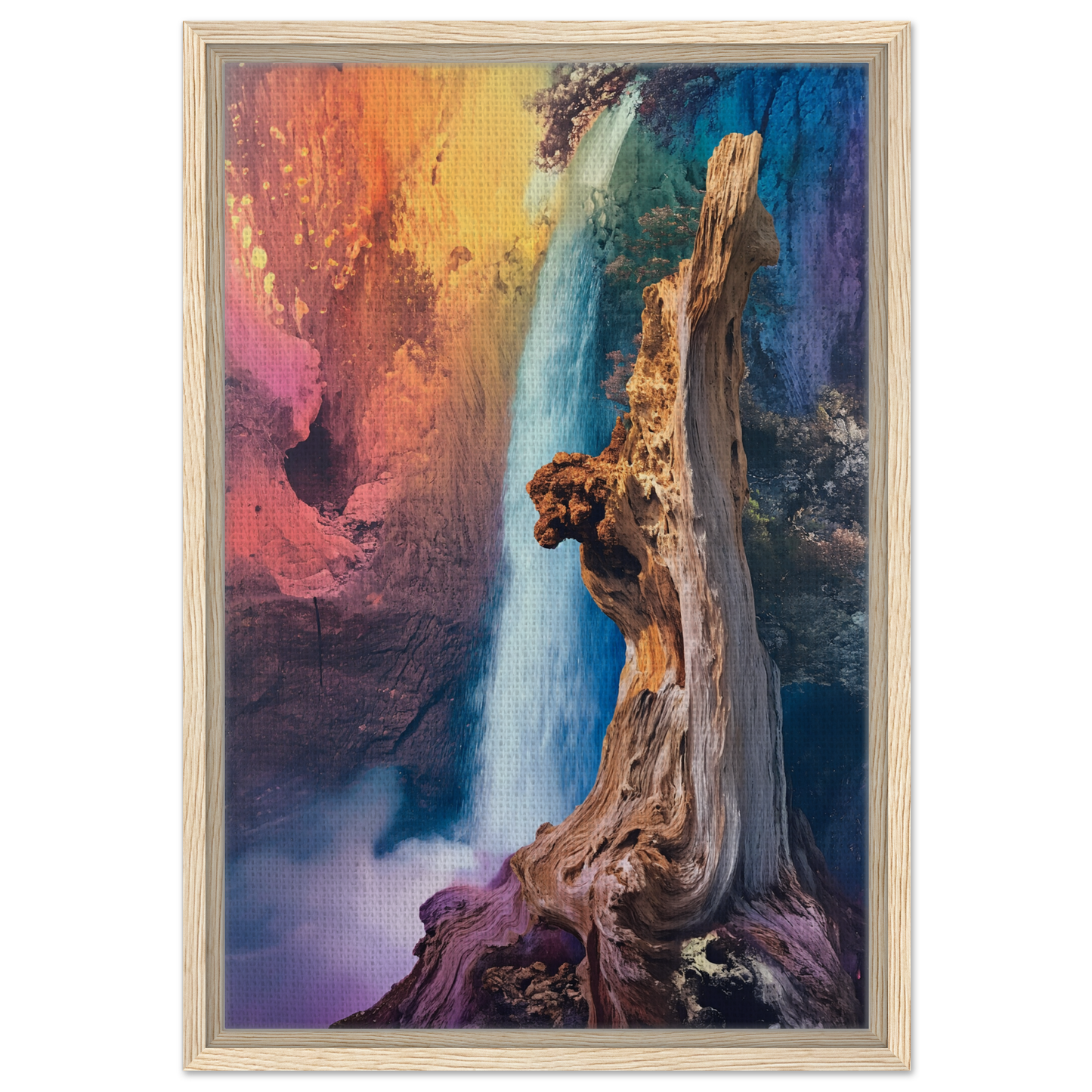 Gnarled tree trunk with exposed roots in Eternal Dreamscape Flux framed canvas print