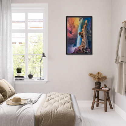 Bright abstract painting depicting a figure in cosmic setting, ideal for Eternal Dreamscape Flux room decor