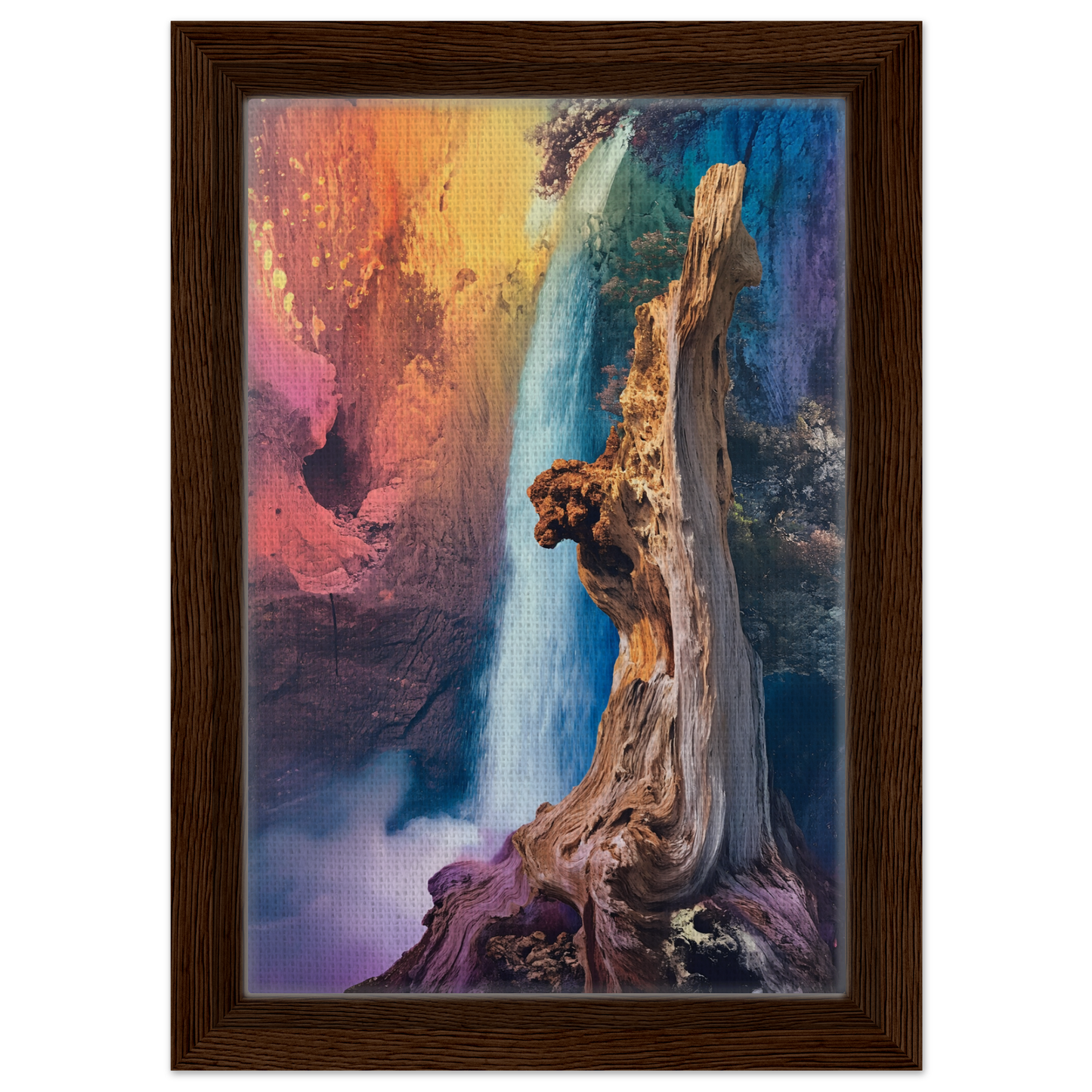 Colorful abstract painting of a waterfall on gnarled trunk in Eternal Dreamscape Flux