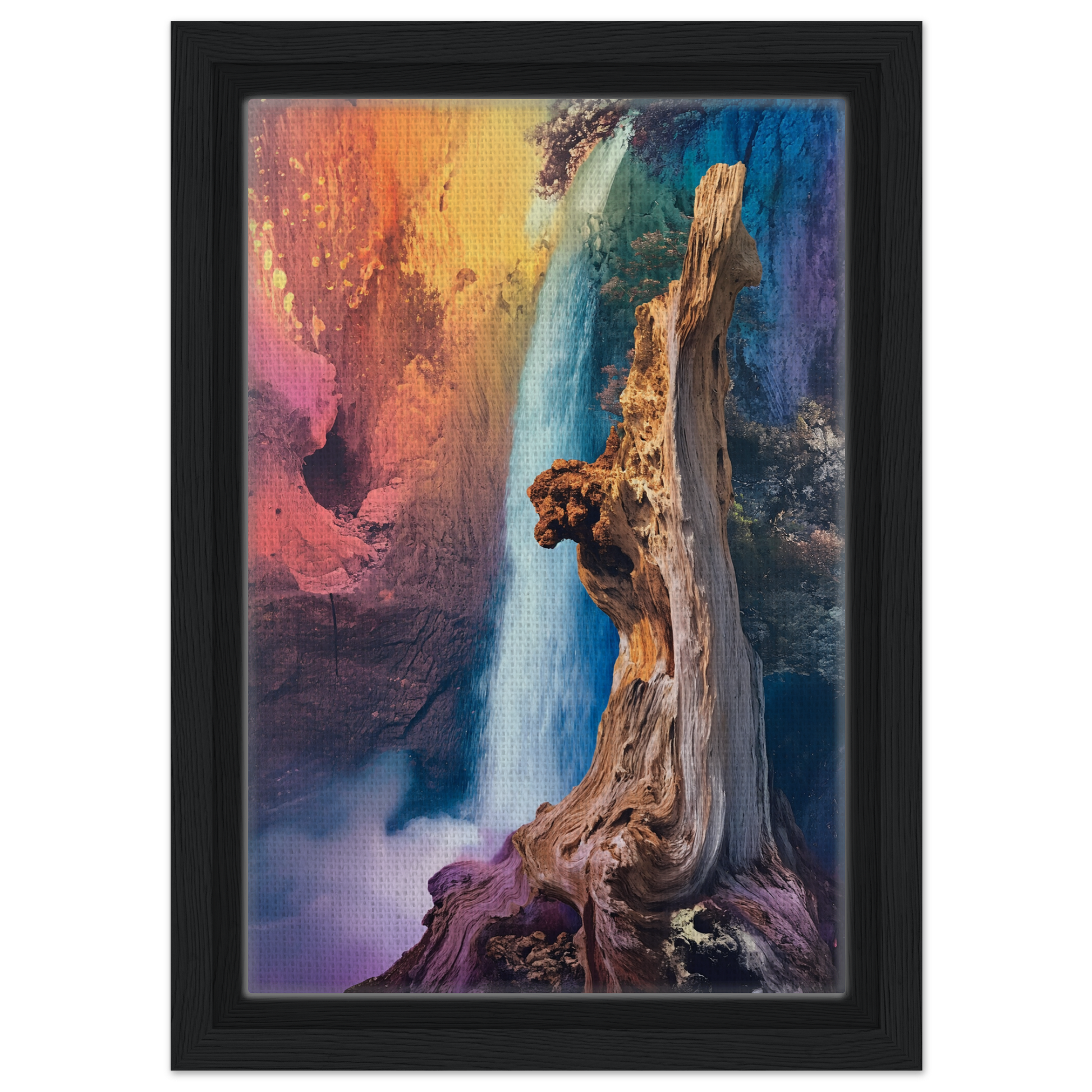 Colorful abstract painting of a waterfall on a gnarled trunk, Eternal Dreamscape Flux