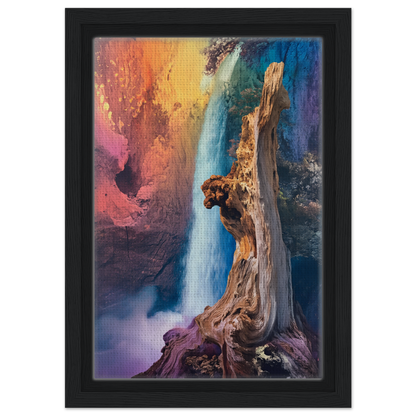 Colorful abstract painting of a waterfall on a gnarled trunk, Eternal Dreamscape Flux