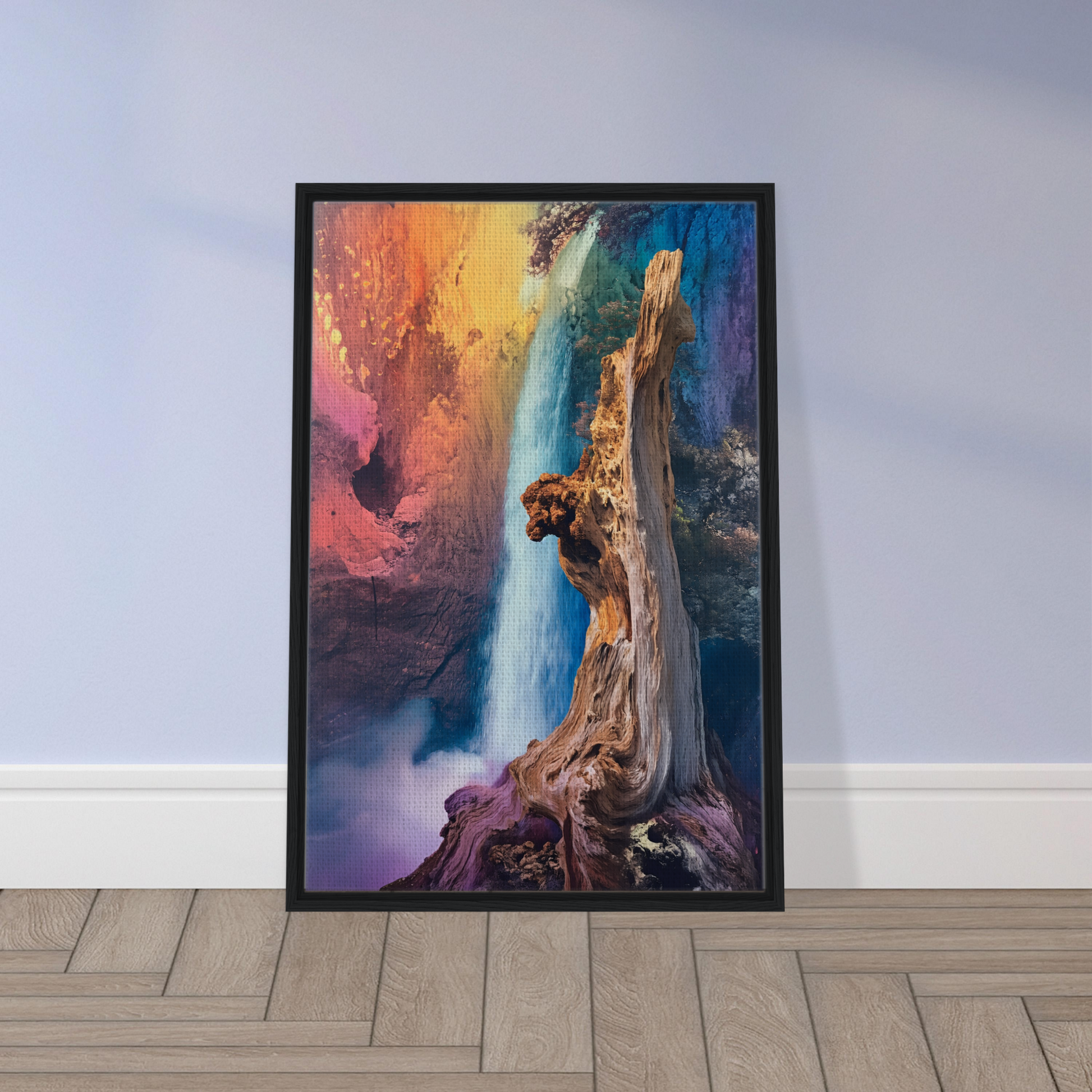 Framed abstract painting of a colorful waterfall in Eternal Dreamscape Flux room decor