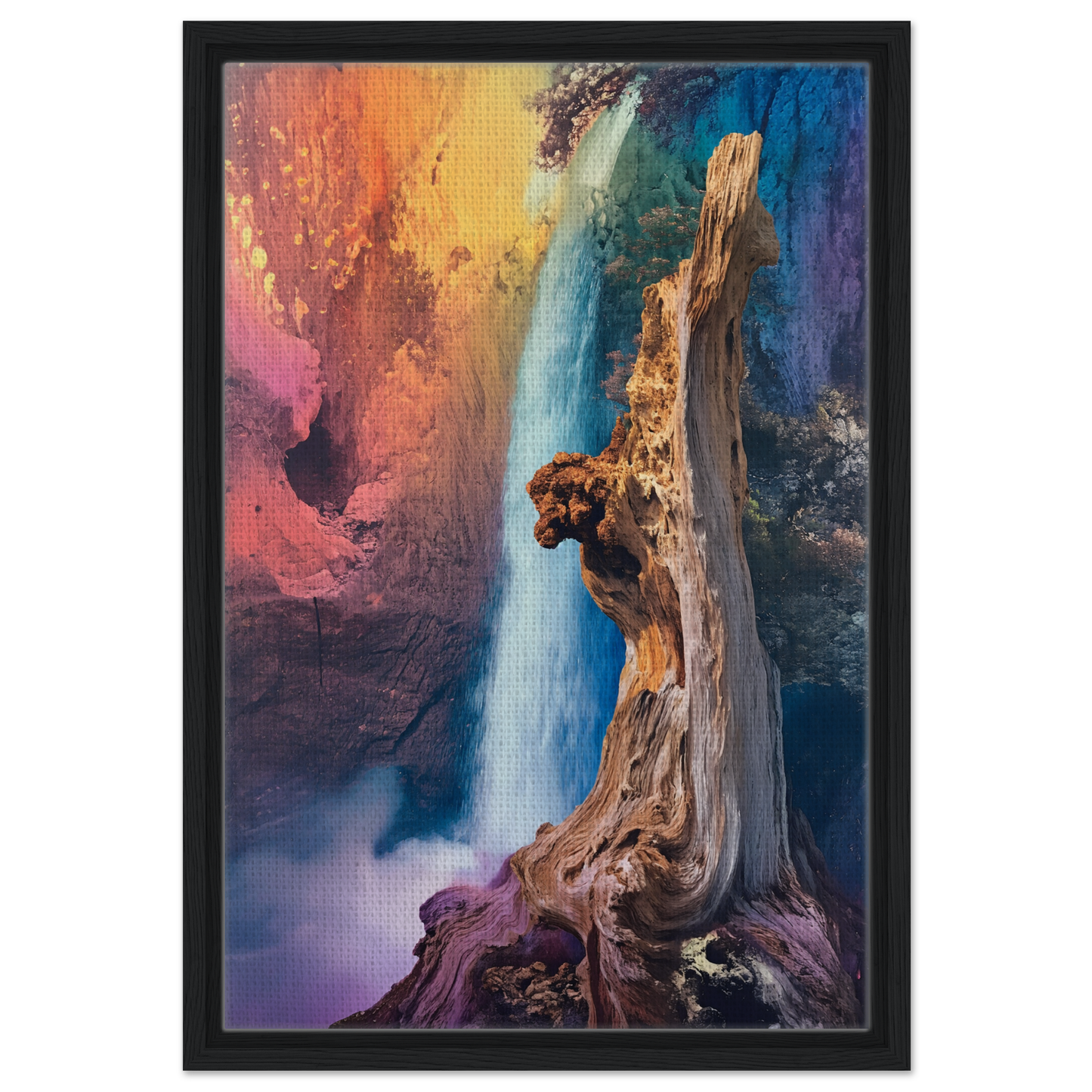 Colorful abstract painting of tree trunk and waterfall for Eternal Dreamscape Flux room decor