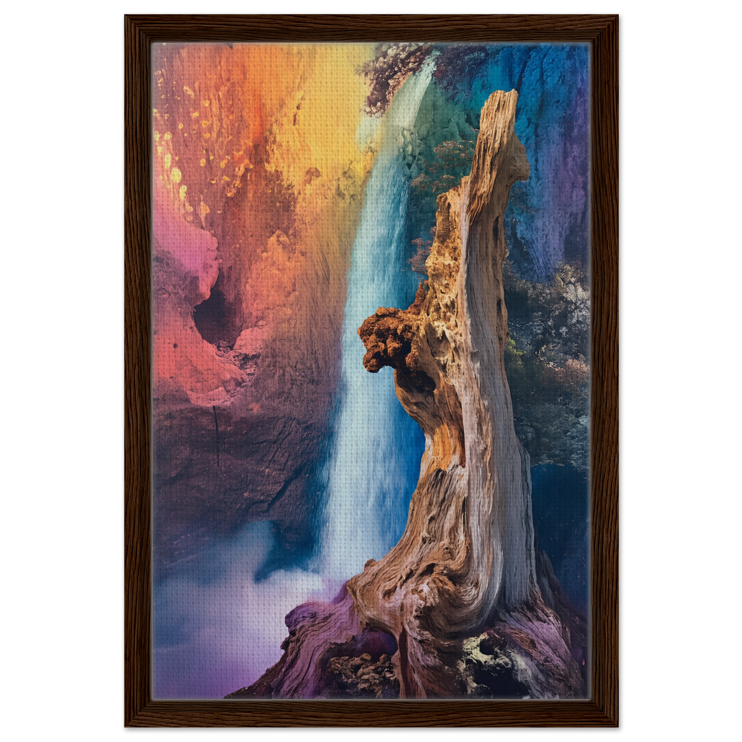 Gnarled tree trunk with roots in colorful backdrop of Eternal Dreamscape Flux canvas print