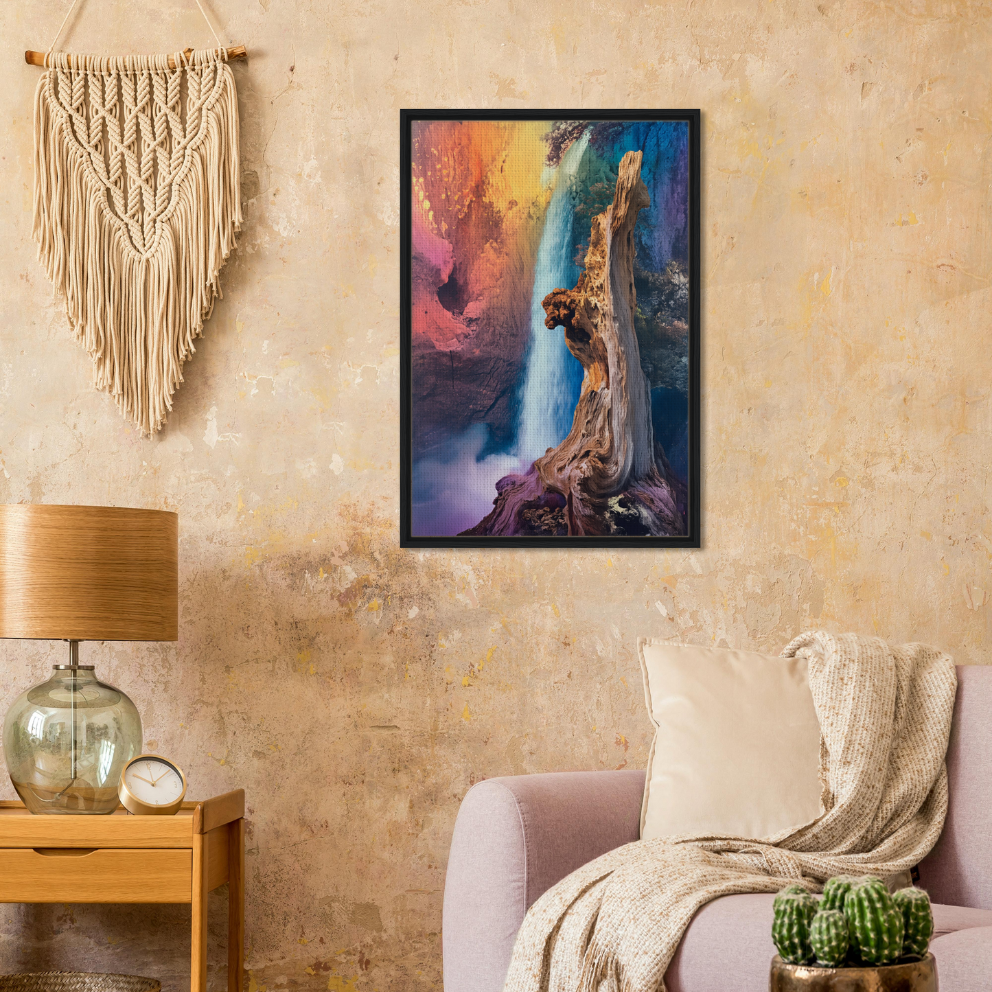 Framed canvas print of Eternal Dreamscape Flux with a figure against a cosmic backdrop