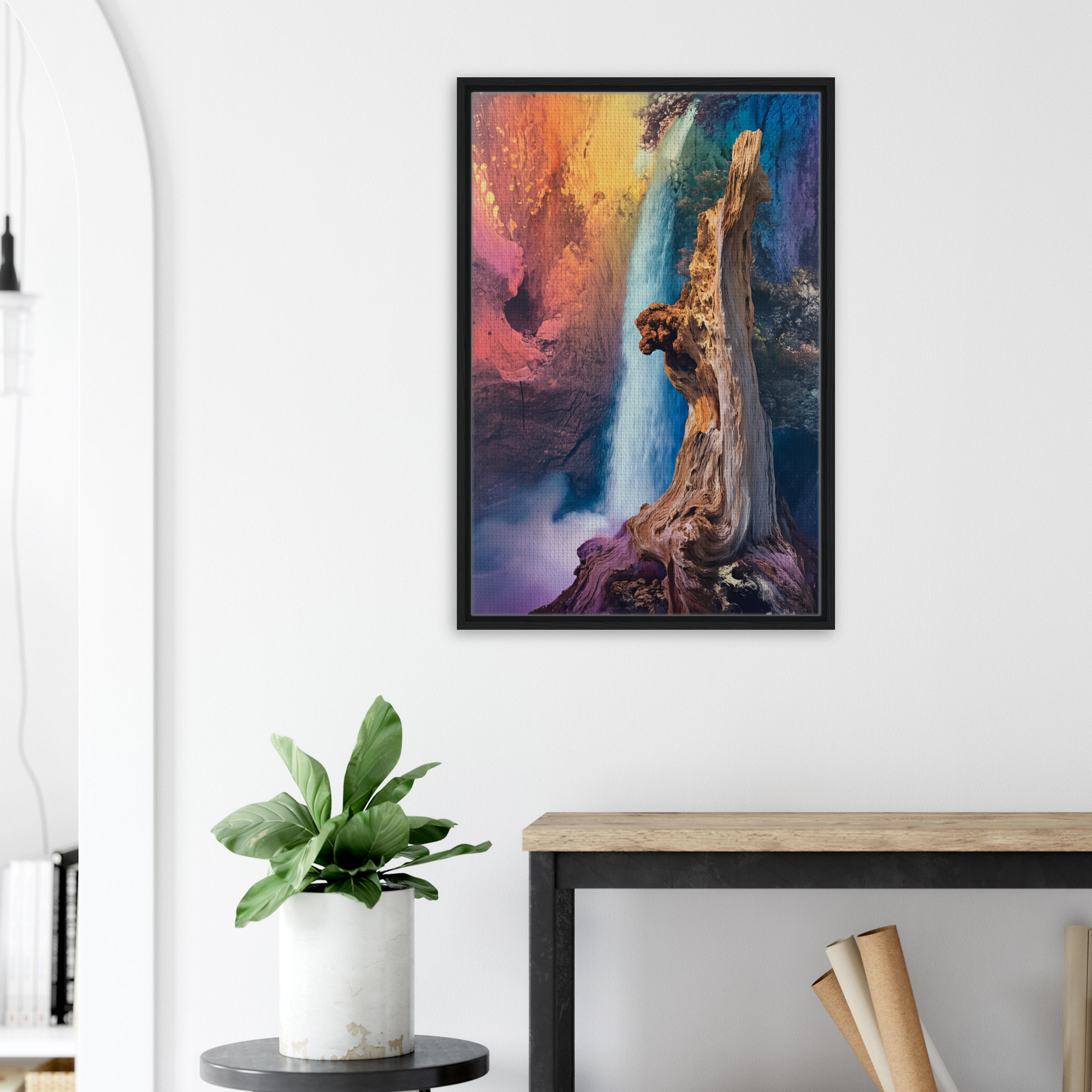 Framed painting of a figure by a waterfall, ideal for Eternal Dreamscape Flux room decor